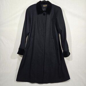 USA Vintage 80s Academia BLACK Wool VELVET Trim Mid-Long Length Coat Size XL.